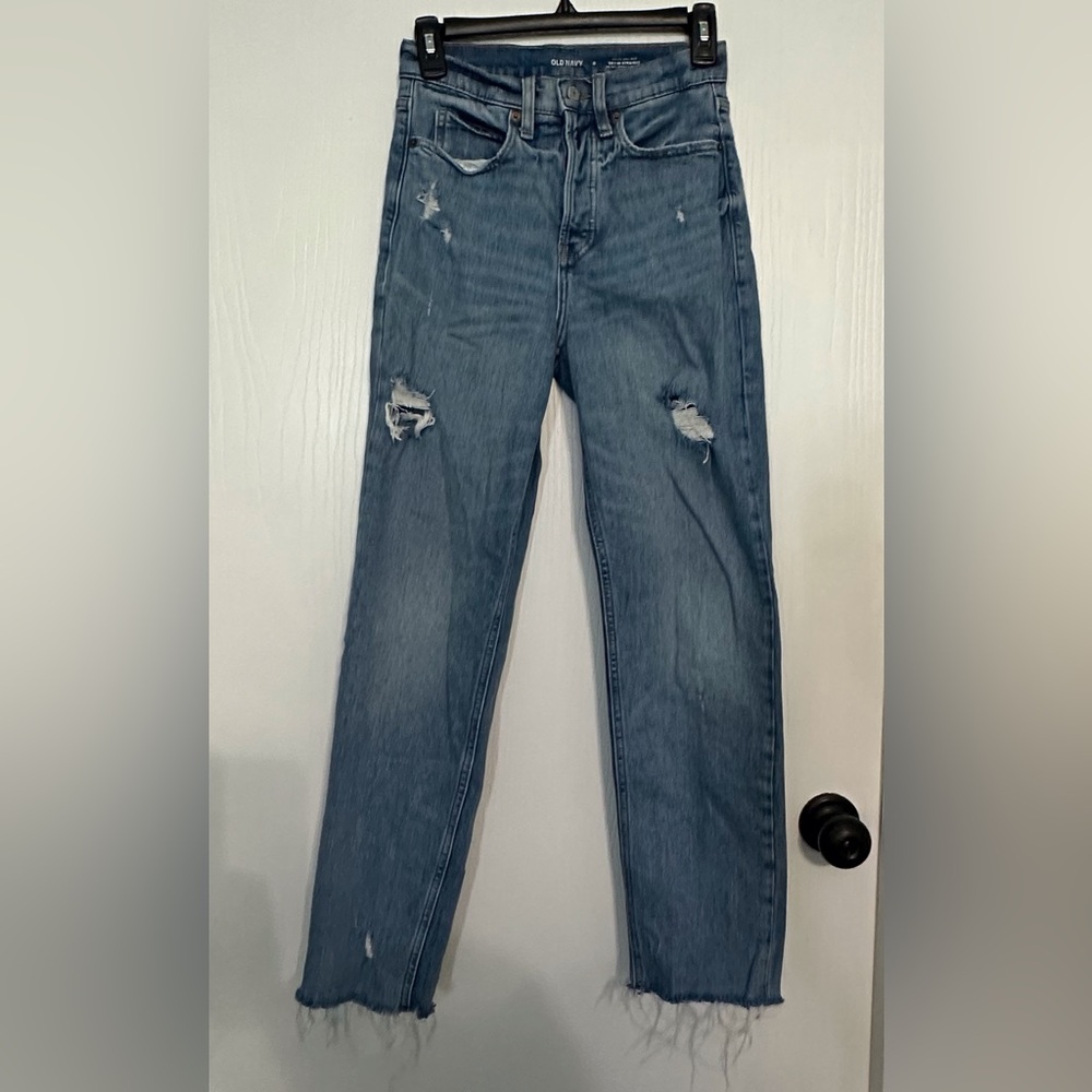 Old Navy‎ extra high rise sky-hi straight blue ripped denim jeans women’s 0